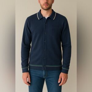 Percival Men’s XL Wool Cardigan - Navy Blue with Contrast Trim